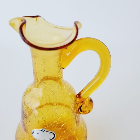 Hand Blown Amber Crackle Glass Cruet by Rainbow, Vintage Yellow Vinegar Bottle - Picture 11 of 14